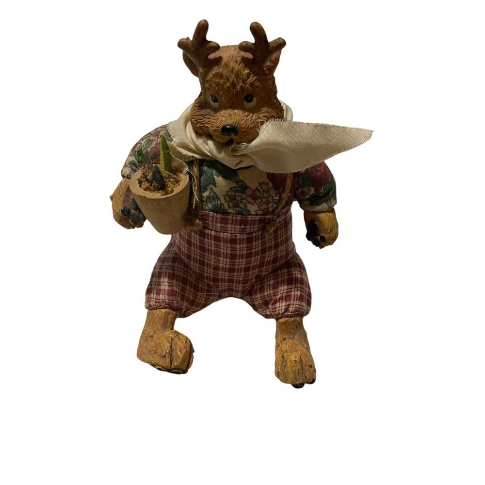 Vintage Reindeer Gardener in Plaid Overalls Shelf Sitter‎ Russ?